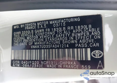 2015 Toyota Yaris L z USA, uszkodzony, nr VIN VNKKTUD35FA041214